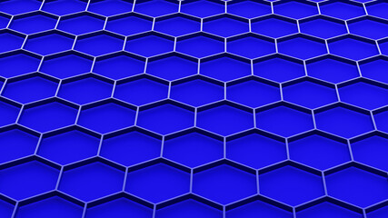 Background with 3D hexagons pattern, honeycomb structure on blue  background, 3D technology interesting texture render illustration.