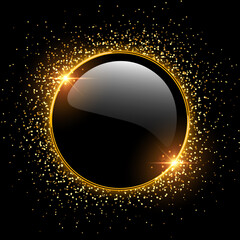 Golden button and sparkling ring with glitter on black background. Vector luxury and shiny gold icon.