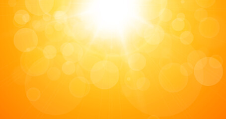 Sun with lens flare and bokeh of lights, summer or spring natural orange background as nature hot sunny day, vector illustration.