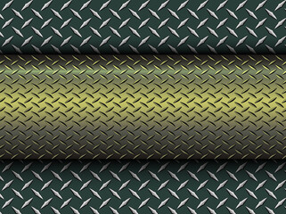 Background gold green metallic, 3d chrome vector design with diamond plate sheet metal texture.