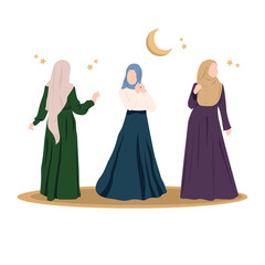 Arab girls in hijab and beautiful dresses. Several Muslim girls are models. Islamic models from the Arab Emirates on a white background. Vector illustration.