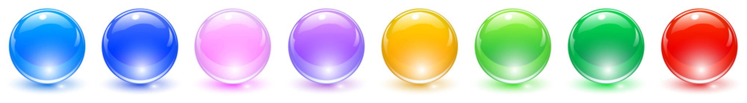 Set of colored spheres, shiny and glossy 3D colorful glass balls collection, multicolored vector illustration.