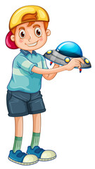 Student boy cartoon character holding a ufo model