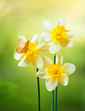 Beautiful bouquet of yellow daffodils flowers and butterfly on natural green-yellow background close-up outdoors. Elegant refined image of beauty of nature.