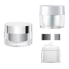 Cosmetic cream jar mcokup. Glass creme packaging blank. Clear 3d template for face powder. Transparent cream bottle, skin care. 3d vector illustration