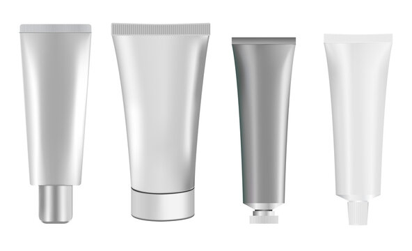 Silver cosmetic tube mockup. Squeeze cream package. White plastic toothpaste tube template. Realistic flexible sunscreen cream tube, vector illustration