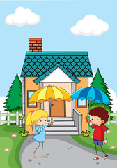 Front of house scene with two kids holding umbrella