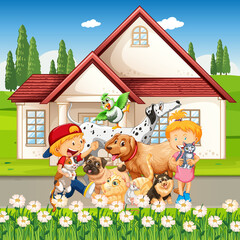 Outdoor scene with group of pet and children