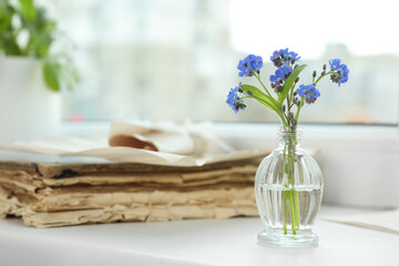 Beautiful blue forget-me-not flowers in glass bottle and stack of old paper on window sill. Space for text
