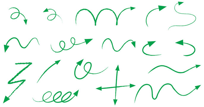 Different types of green hand drawn curved arrows on white background