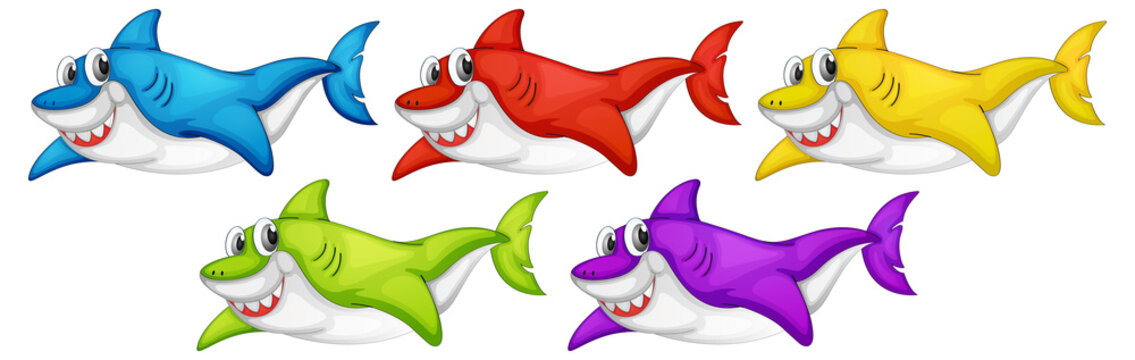 Set of many smiling cute shark cartoon character isolated on white background