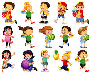 Children doing different activities cartoon character set on white background