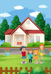 Obraz na płótnie Canvas Outdoor house scene with many children