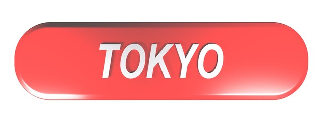 TOKYO red rounded rectangular push button on white background - 3D rendering illustration