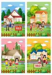 Different scenes of family standing in front of a house for sale