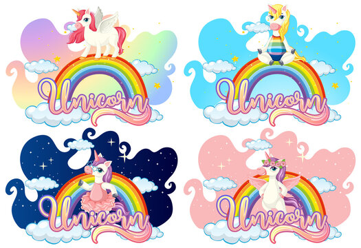 Set of different unicorn cartoon character on rainbow with unicorn font