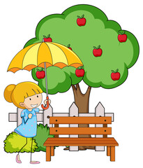 Obraz na płótnie Canvas Doodle cartoon character a girl holding an umbrella with apple tree