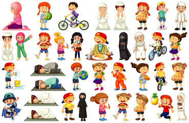 Children doing different activities cartoon character set on white background