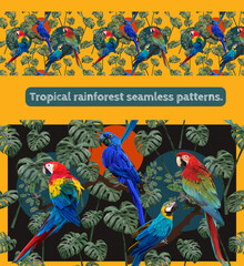 Seamless patterns Amazon tropical rainforest and macaw birds.