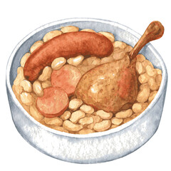 Cassoulet with goose meat, pork sausage, and beans in the pot. Hand drawn watercoor illustration isolated on white background. Vector - 428368141