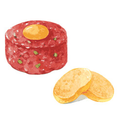 Beef tartare with capers, toasts, yolk and fresh onions on white background. Hand drawn watercolor illustration/ Vector - 428368393