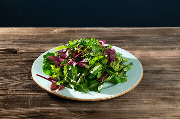 salad mix of fresh herbs, arugula, Swiss chard, spinach in tarenle on a wooden background, top-side...