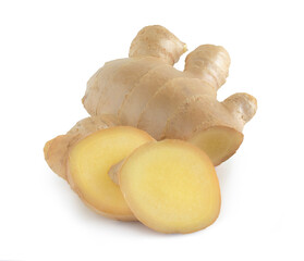 Fresh ginger rhizome and slice isolated on white background,clipping path.