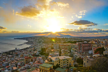 Panoramic view of the old town from the terrace of a medieval castle in Naples, Italy.