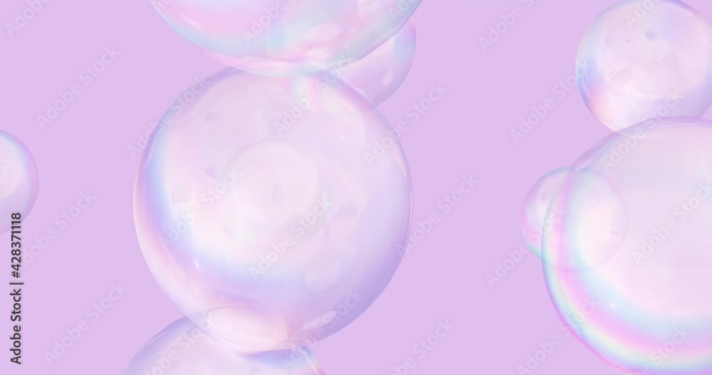Fototapete Abstract holographic floating liquid blobs, soap bubbles background. 3D seamless loop animation.