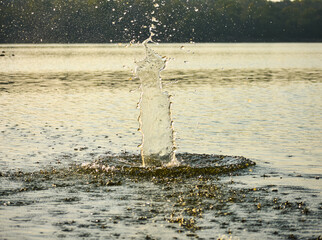 Obraz na płótnie Canvas Big water splatter after throwing a small rock into a pond .