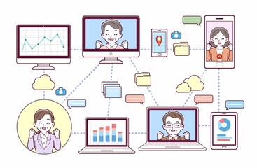 色々なツールを使って会議をする人々