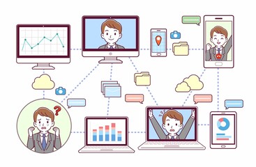 色々なツールを使って会議をする人々