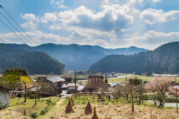 Rice fields and old thatched-roof houses in Kitamura, Miyama Kayabuki no Sato, Nantan City, Kyoto Prefecture, Japan