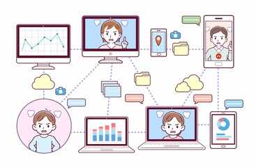 色々なツールを使って会議をする人々