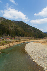 Yura River flowing through Kitamura, a village of Miyama Kayabuki, Nantan City, Kyoto Prefecture, Japan