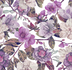 Fototapety  Subtropical flowers. Seamless pattern with azalea, magnolia, camellia and quince painted in watercolor