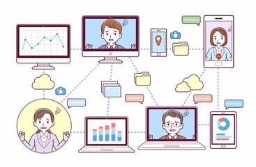 色々なツールを使って会議をする人々