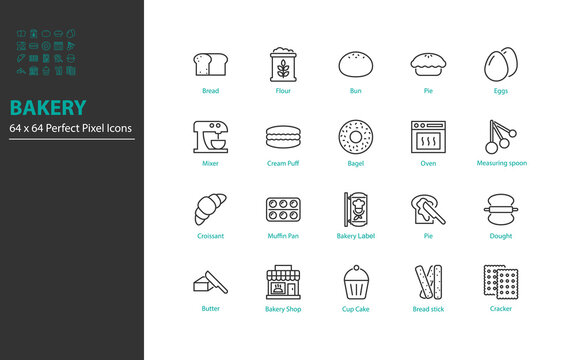 set of bakery thin line icons 64x64px, bread, pastry,
