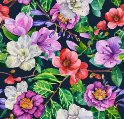 Subtropical flowers. Seamless pattern with azalea, magnolia, camellia and quince painted in watercolor