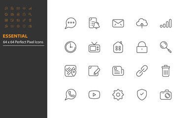 set of essential thin line icons, app, business, communication, social media
