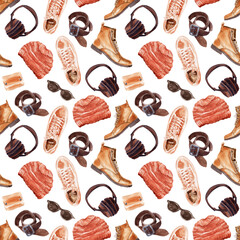 A set of watercolor seamless patterns with various things and accessories for men's wardrobe
