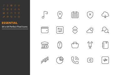 set of essential thin line icons, app, business, communication, social media