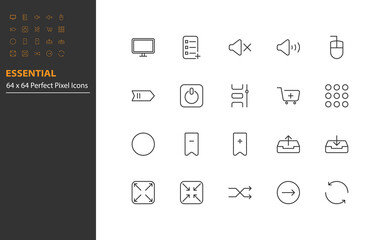 set of essential thin line icons, app, business, communication, social media