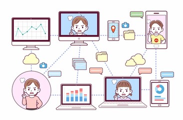 色々なツールを使って会議をする人々