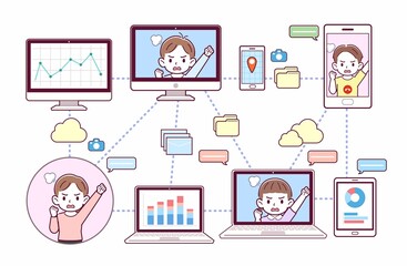 色々なツールを使って会議をする人々