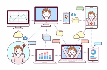 色々なツールを使って会議をする人々