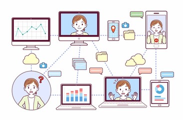 色々なツールを使って会議をする人々