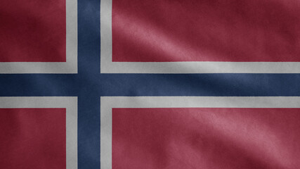 Fototapeta premium Norwegian flag waving in the wind. Close up of Norway banner blowing soft silk.