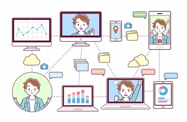 色々なツールを使って会議をする人々