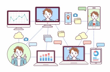 色々なツールを使って会議をする人々